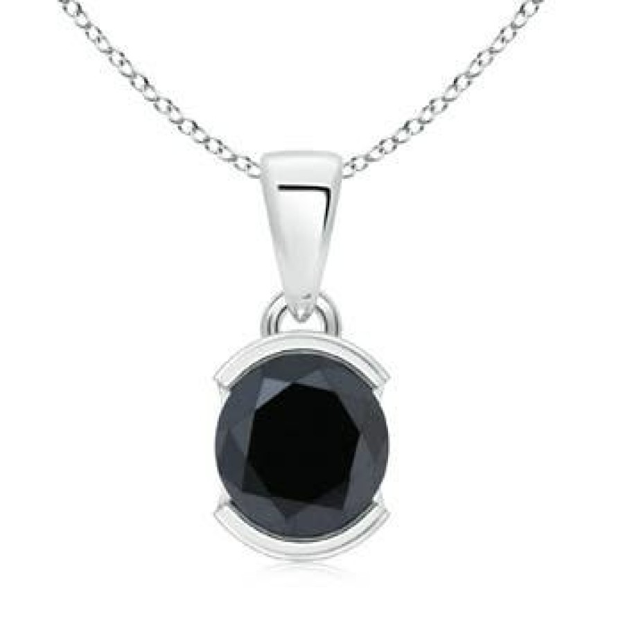 Necklaces Angara Enhanced Black | Semi Bezel-Set Round Black Diamond Solitaire Pendant