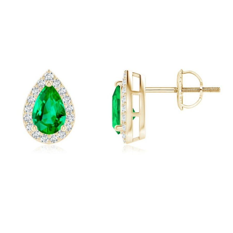 Earrings Angara Emerald | Pear-Shaped Emerald Halo Stud Earrings