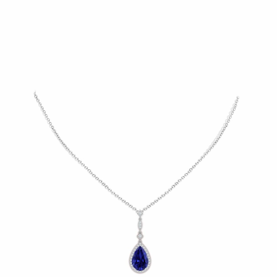 Necklaces Angara Blue Sapphire | Lab-Grown Blue Sapphire Teardrop Pendant With Diamond Accents