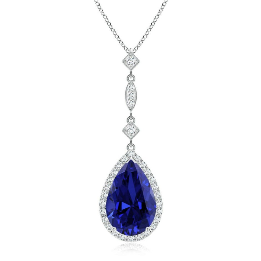 Necklaces Angara Blue Sapphire | Lab-Grown Blue Sapphire Teardrop Pendant With Diamond Accents