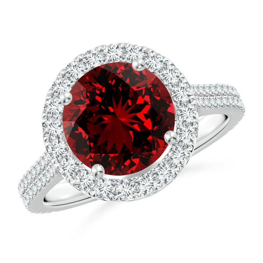 Rings Angara Ruby | Lab-Grown Round Ruby Halo Ring With Diamond Accents