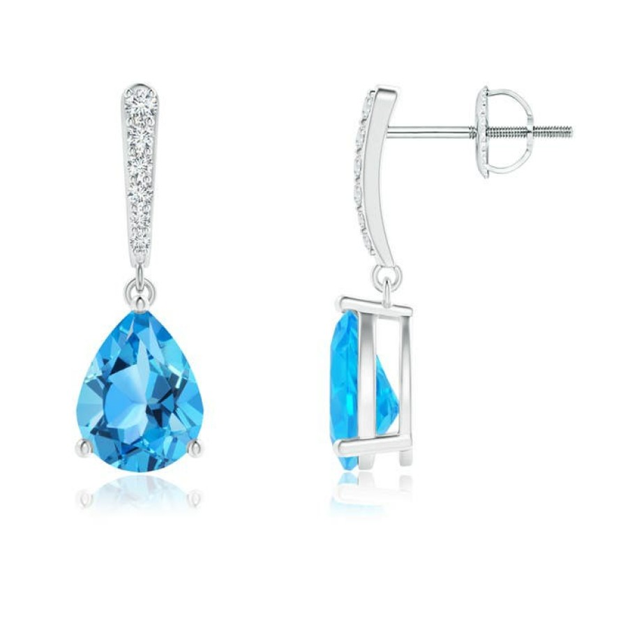 Earrings Angara Swiss Blue Topaz | Solitaire Swiss Blue Topaz Drop Earrings With Diamonds