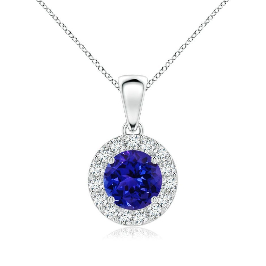 Necklaces Angara Tanzanite | Round Tanzanite And Diamond Halo Pendant