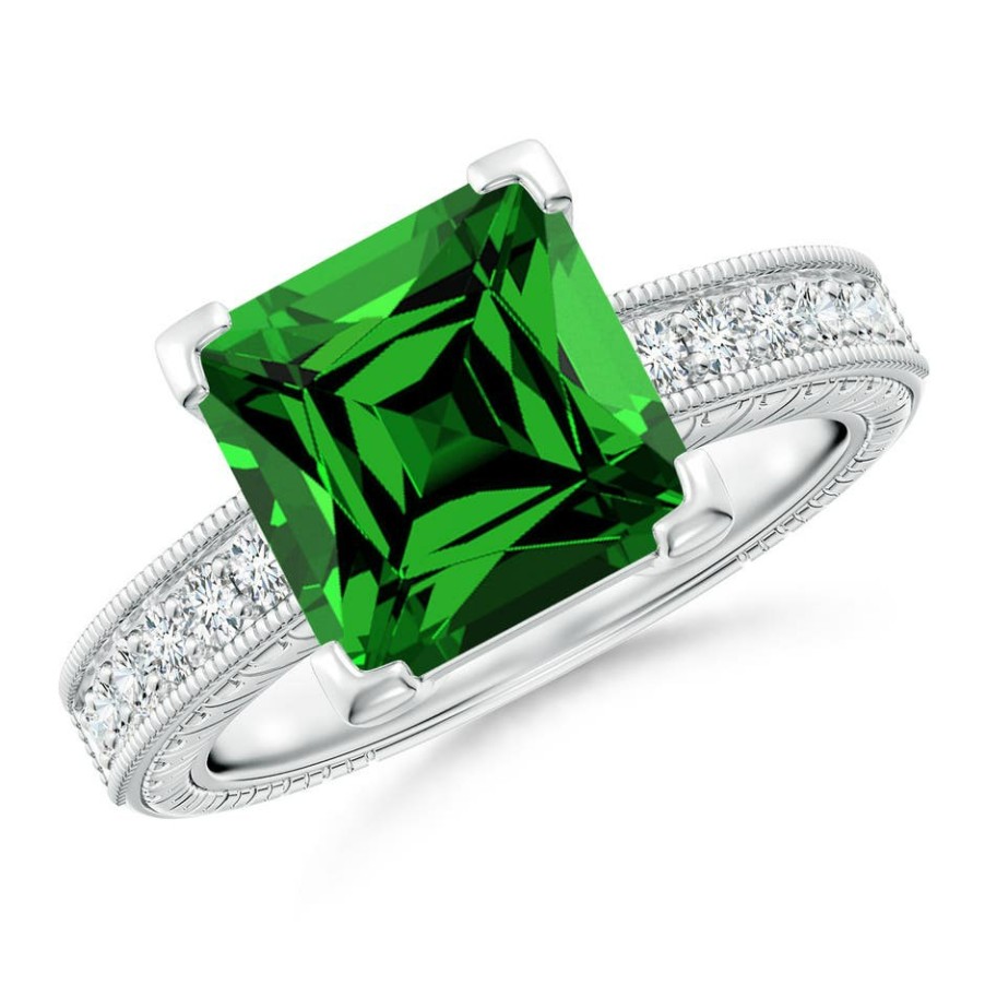 Rings Angara Emerald | Lab-Grown Square Cut Emerald Solitaire Ring With Milgrain Detailing