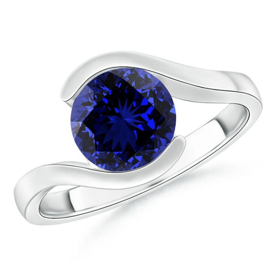 Rings Angara Blue Sapphire | Lab-Grown Semi Bezel-Set Solitaire Round Blue Sapphire Bypass Ring