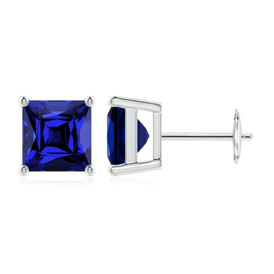 Earrings Angara Blue Sapphire | Lab-Grown Classic Basket-Set Square Blue Sapphire Stud Earrings