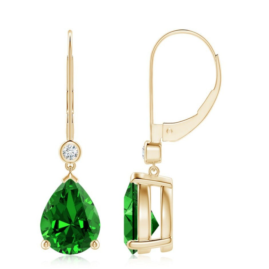 Earrings Angara Emerald | Lab-Grown Pear-Shaped Emerald Leverback Drop Earrings With Lab Diamond