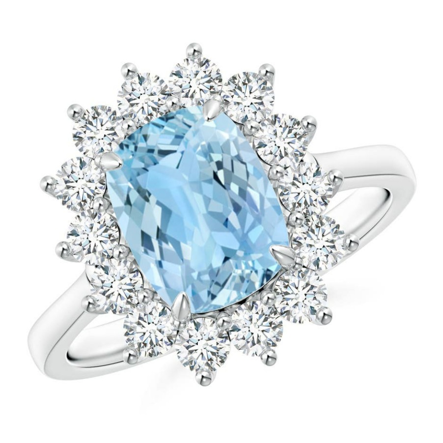 Rings Angara Aquamarine | Rectangular Cushion Aquamarine Ring With Diamond Floral Halo