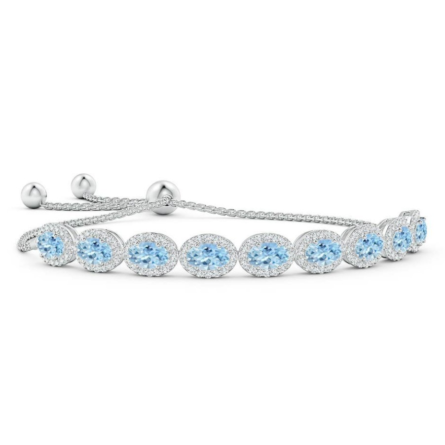 Bracelets Angara Aquamarine | Oval Aquamarine Bolo Bracelet With Diamond Halo