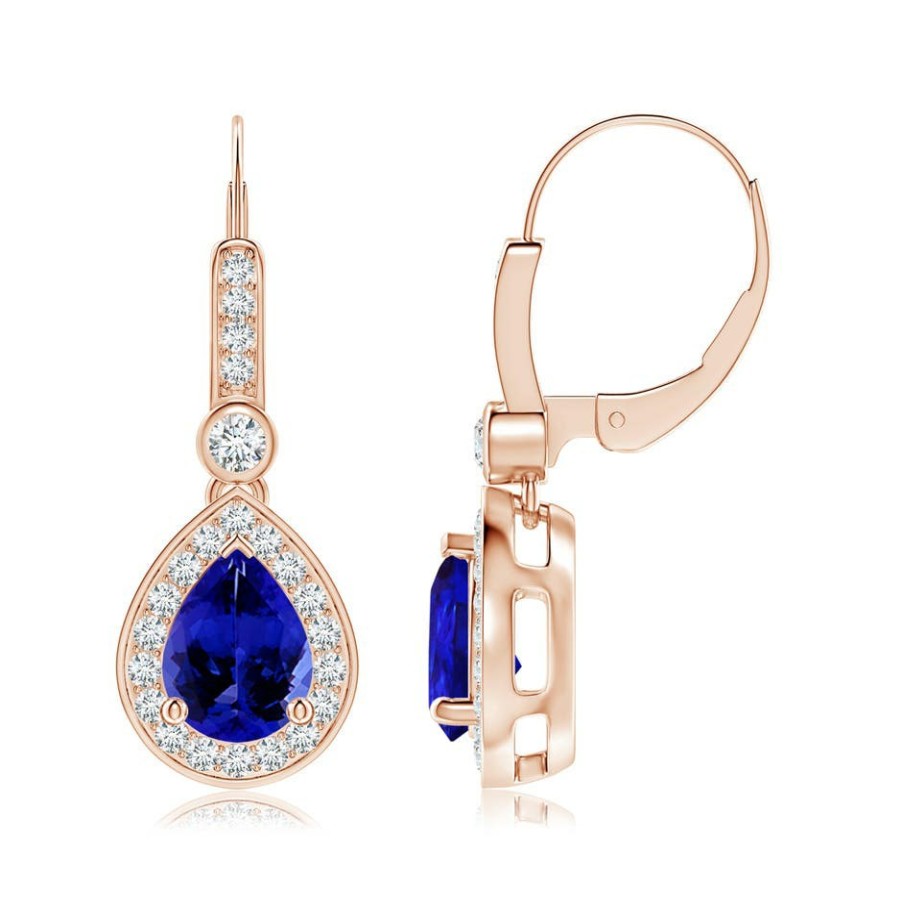 Earrings Angara Tanzanite | Pear-Shaped Tanzanite And Diamond Halo Drop Earrings